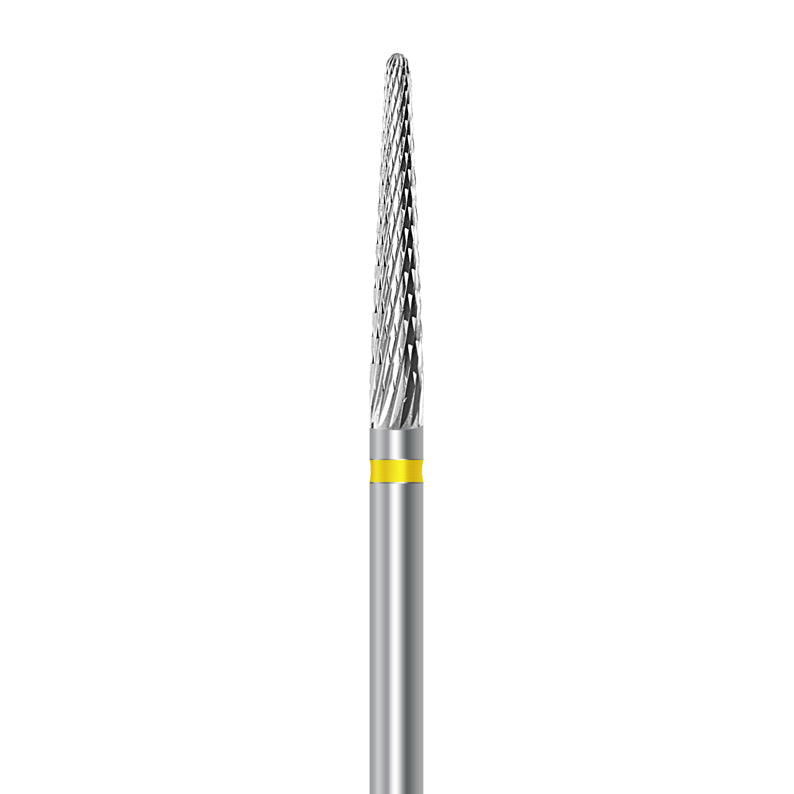 Tungsten carbide cutter C.261KSF.104.023 for precious alloys and veneering materials: extra fine grit, taper round shape, diameter 2.3 mm